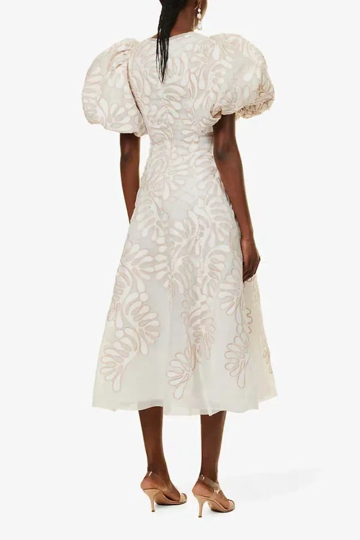 Aje Botanical Applique Puff Sleeve Midi Dress Ivory/Ecru Size UK 10 - Image 3