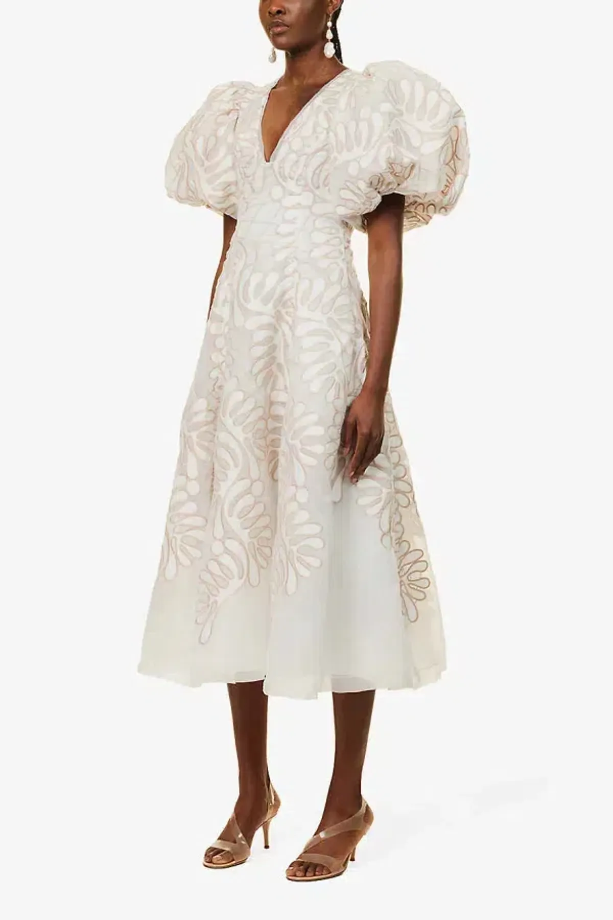 Aje Botanical Applique Puff Sleeve Midi Dress Ivory/Ecru Size UK 10 - Image 2
