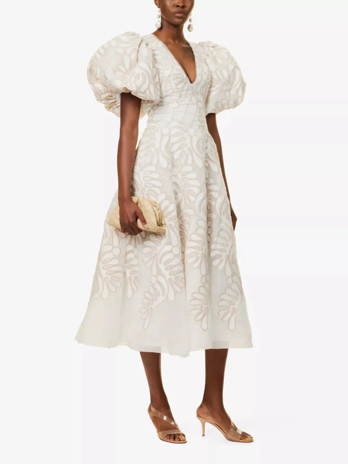 Aje Botanical Applique Puff Sleeve Midi Dress Ivory/Ecru Size UK 10 - Image 1