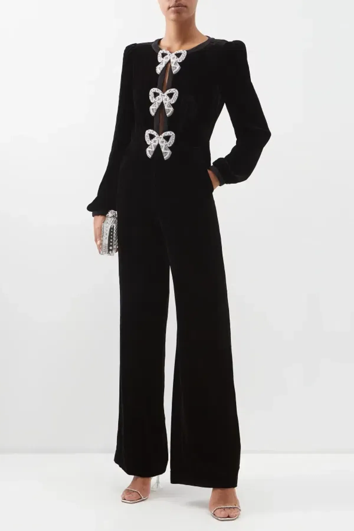Saloni Camille Crystal Bow Jumpsuit Black Size UK 14 - Image 1