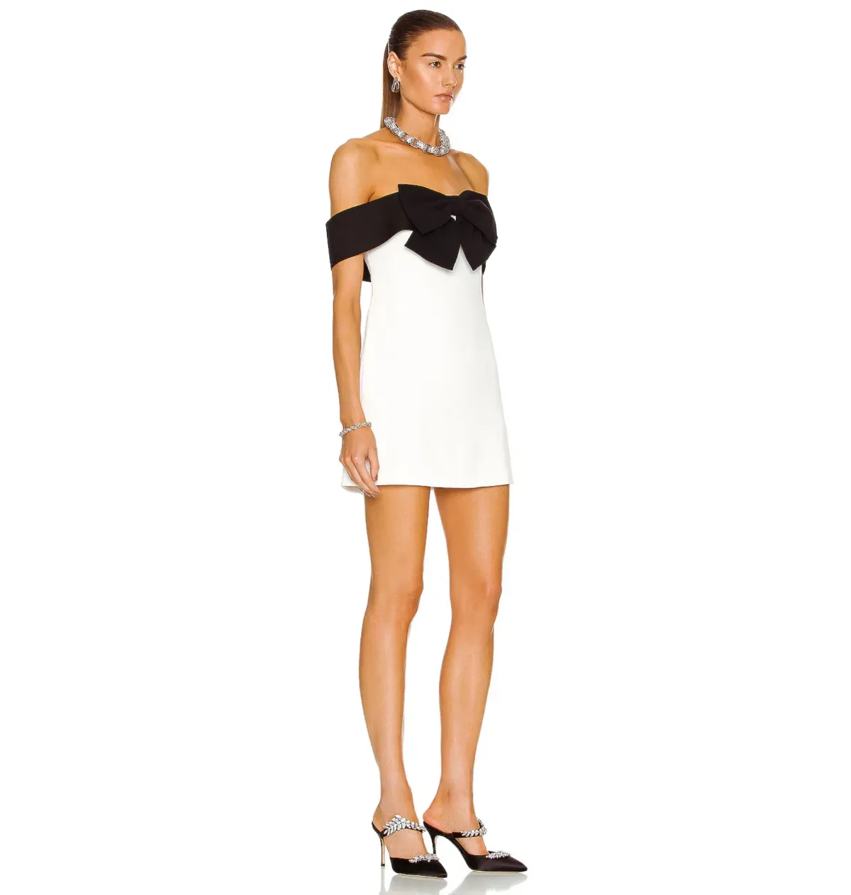 Self Portrait Off Shoulder Bow Dress in Monochrome Size UK 12 - Image 2