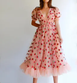 Lirika Matoshi Strawberry Midi Dress Pink Print Size UK 10 for rent on The Volte - image 2