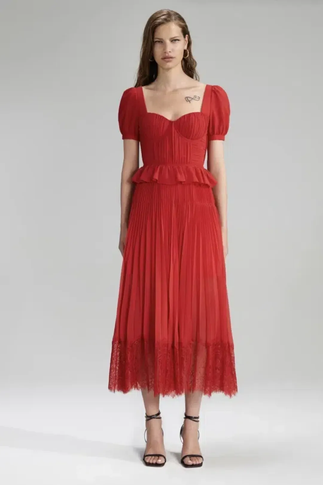 Self Portrait Red Chiffon Pleated Midi Dress Size 12 for rent on The Volte - main image