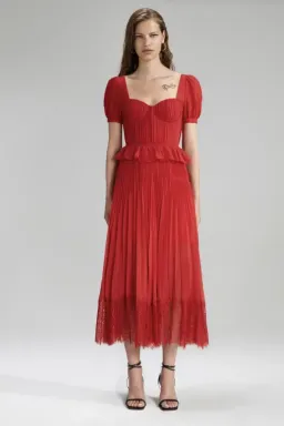Self Portrait Red Chiffon Pleated Midi Dress Size 12 for rent on The Volte - image 2