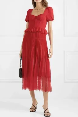 Self Portrait Red Chiffon Pleated Midi Dress Size 12 for rent on The Volte - image 3