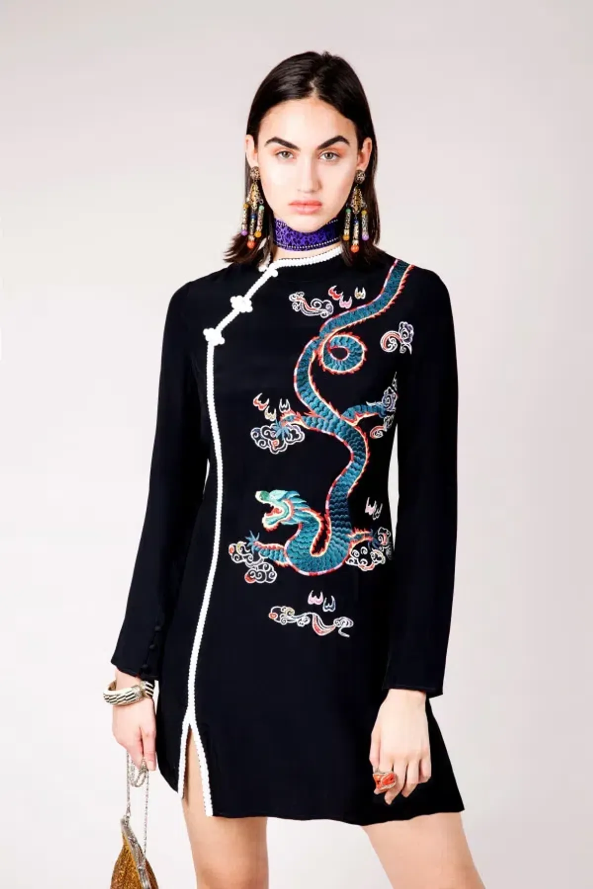 RIXO Oriental Orchid Dragon Mini Dress Black Size 10 for rent on The Volte - main image