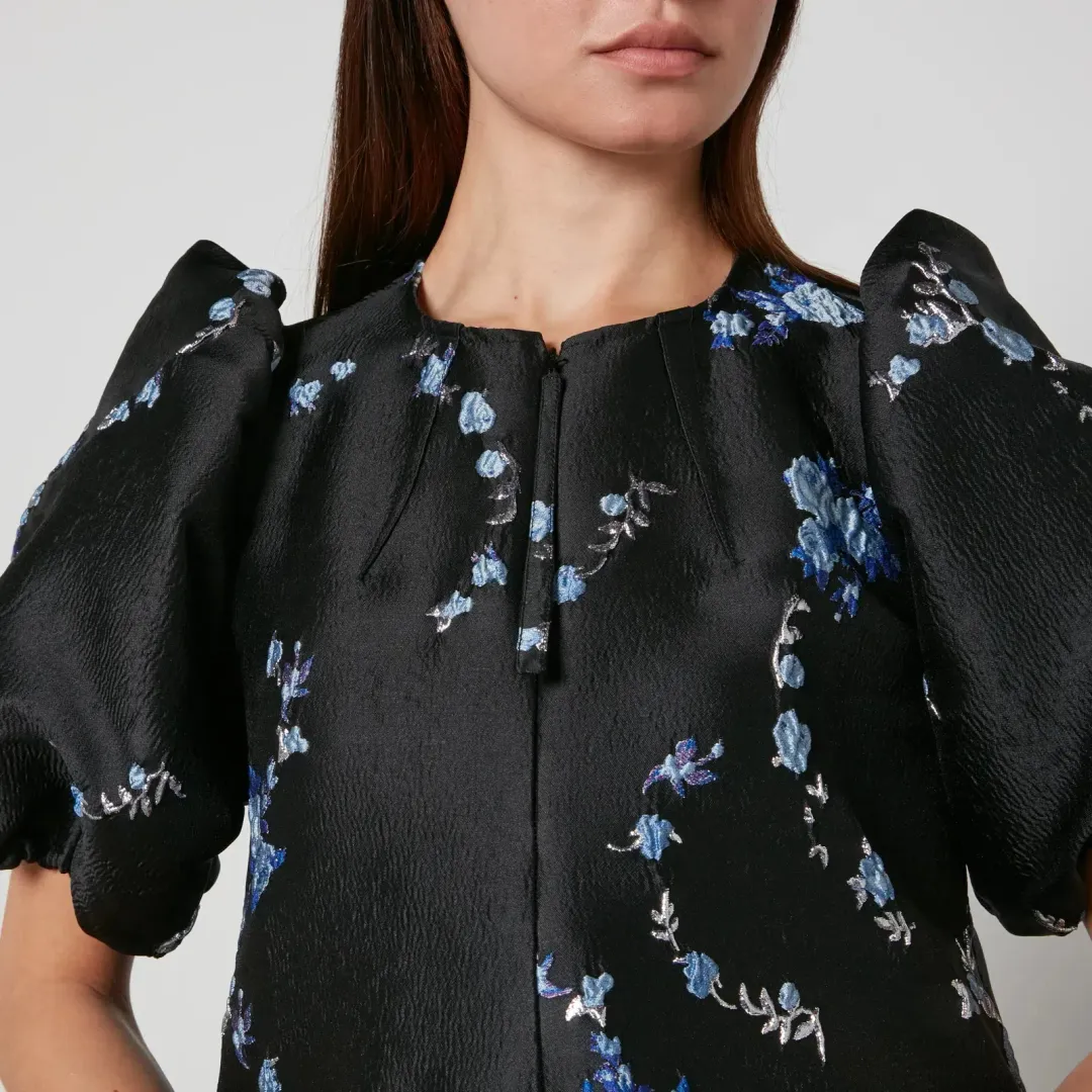 Ganni Jacquard Mini Dress Black Floral Size UK 10 for rent on The Volte - main image