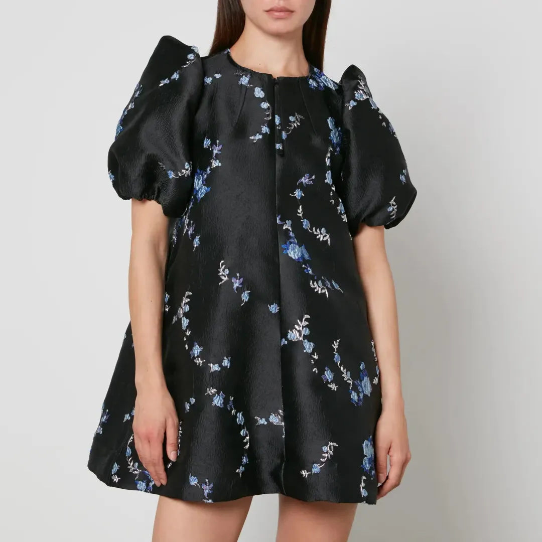 Ganni Jacquard Mini Dress Black Floral Size UK 10 for rent on The Volte - main image