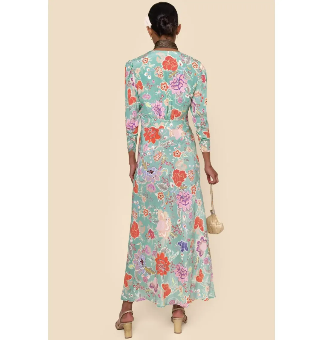Rixo Selma Dress Mint Peony Flora Size UK 12 for rent on The Volte - main image