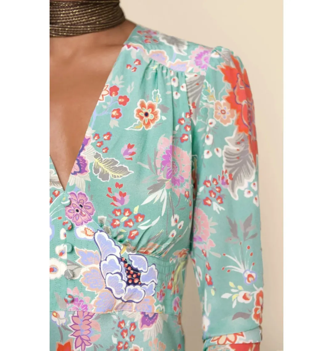 Rixo Selma Dress Mint Peony Flora Size UK 12 for rent on The Volte - main image