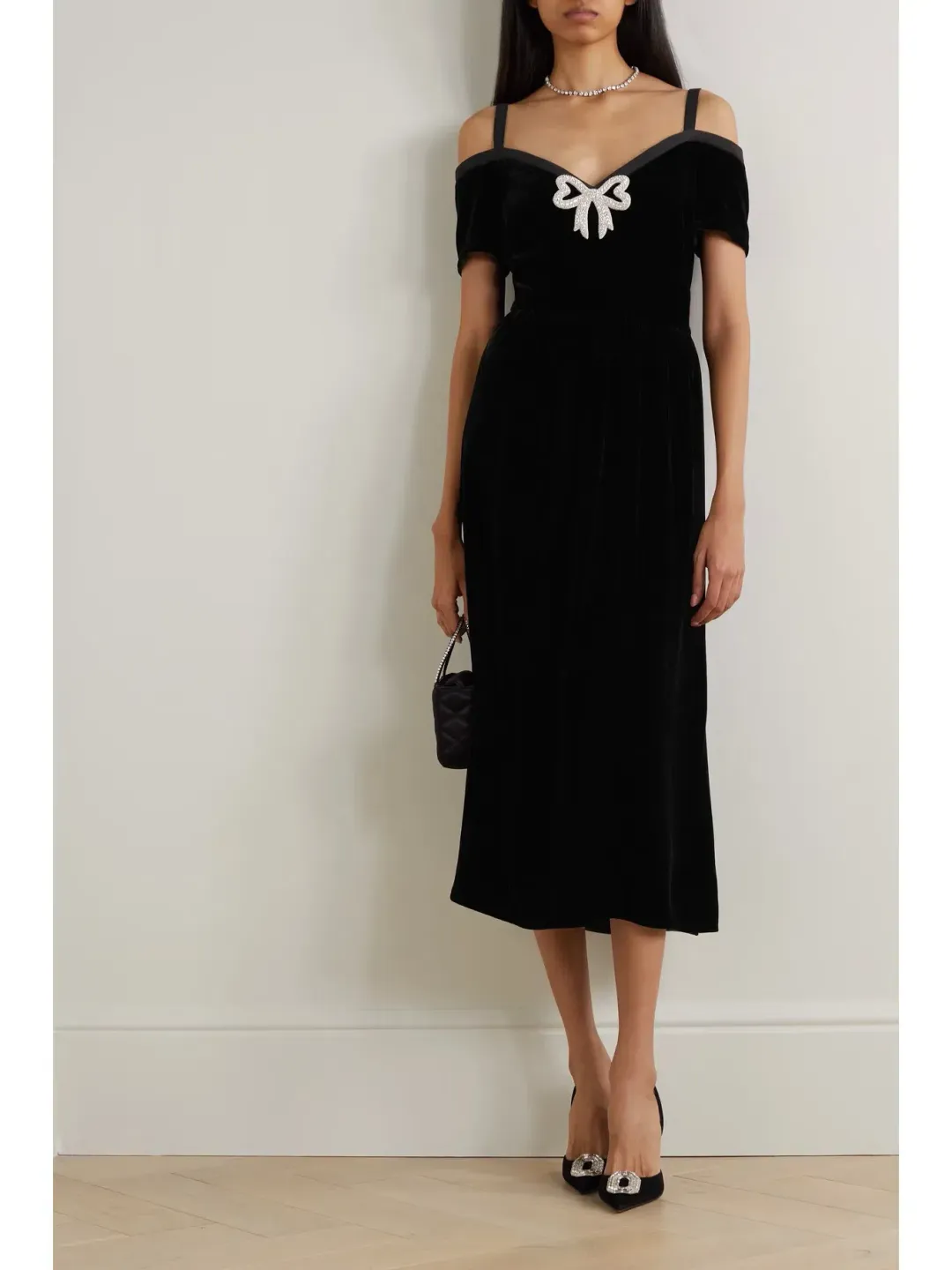 Saloni Clementine Embellished Velvet Midi Dress Black Size UK 12 for rent on The Volte - main image