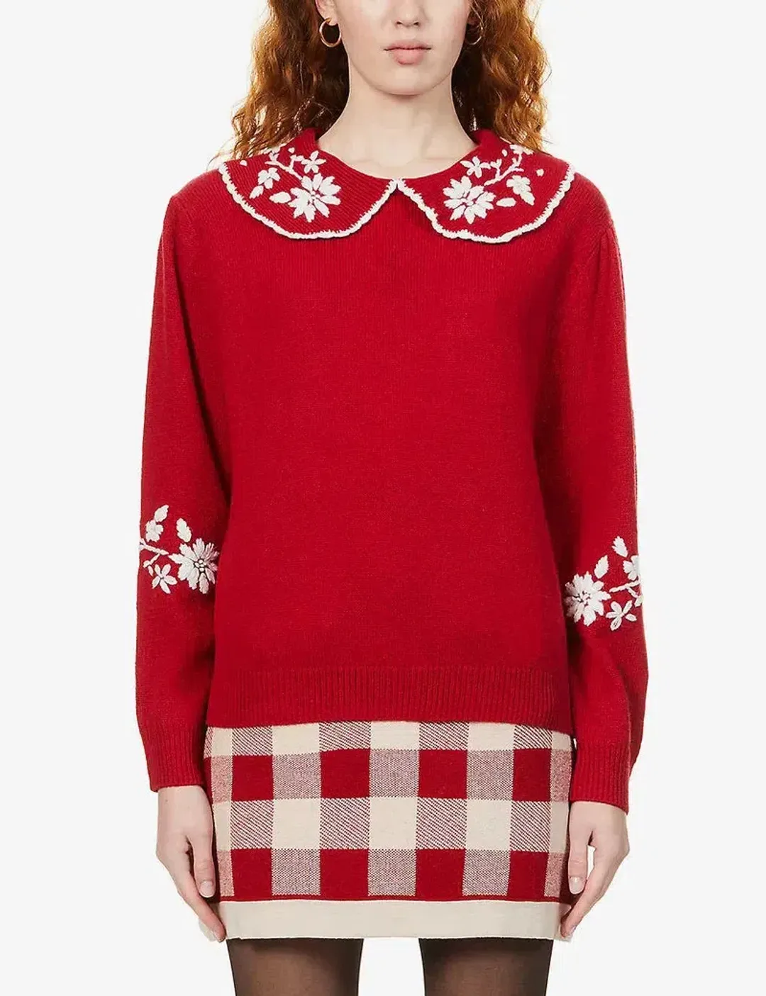 Rixo Lula Embroidered Wool Sweater Red Size S / UK 10 for rent on The Volte - main image