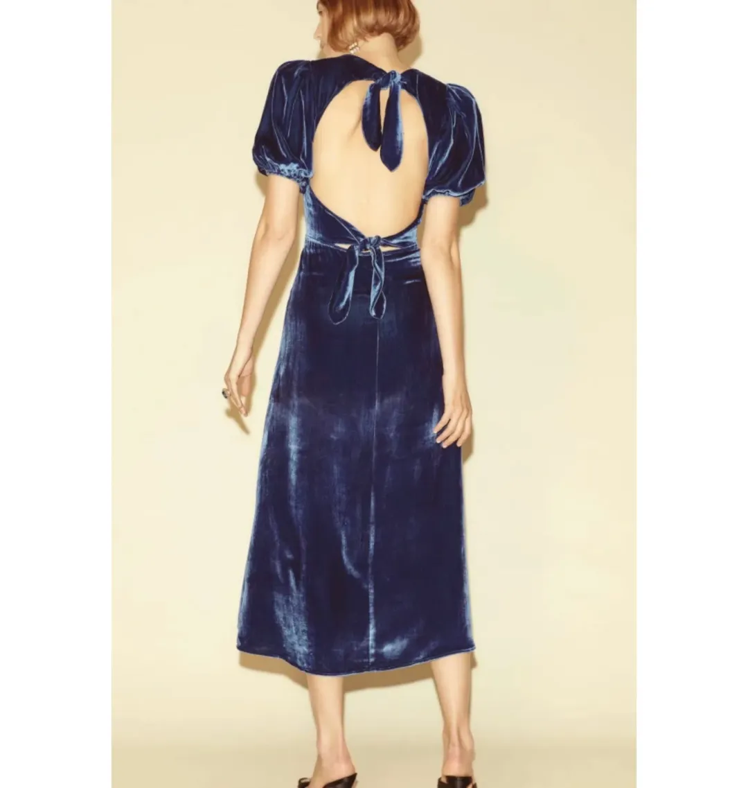 Reformation Livia Velvet Dress Blue Size UK 10 for rent on The Volte - main image