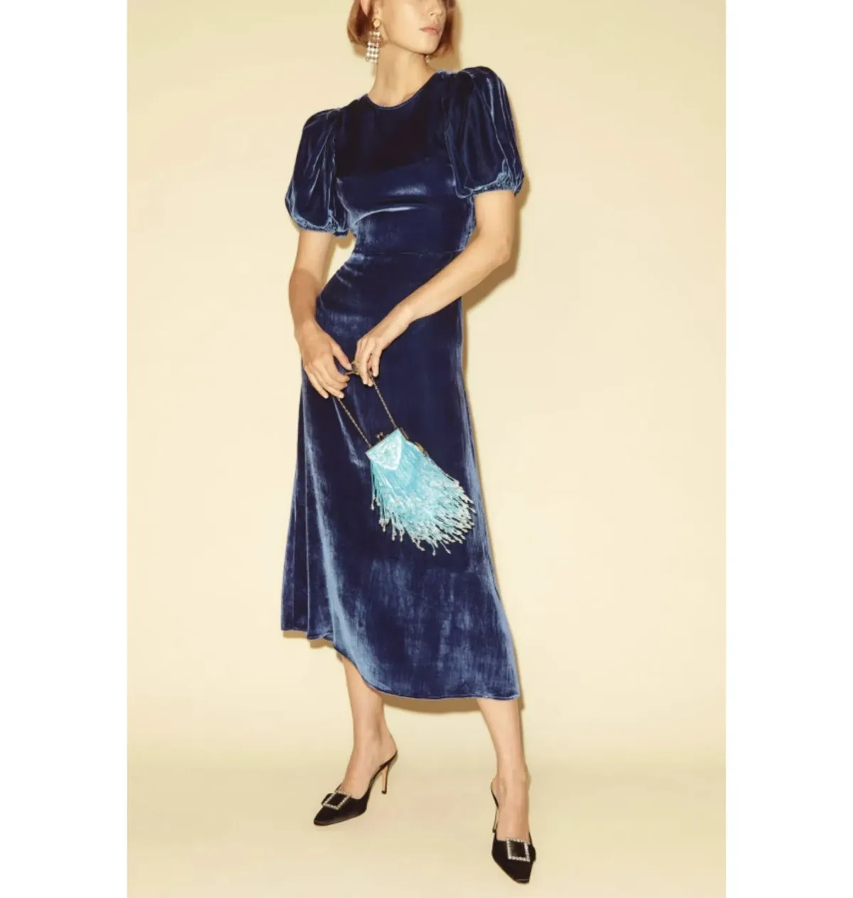 Reformation Livia Velvet Dress Blue Size UK 10 for rent on The Volte - main image