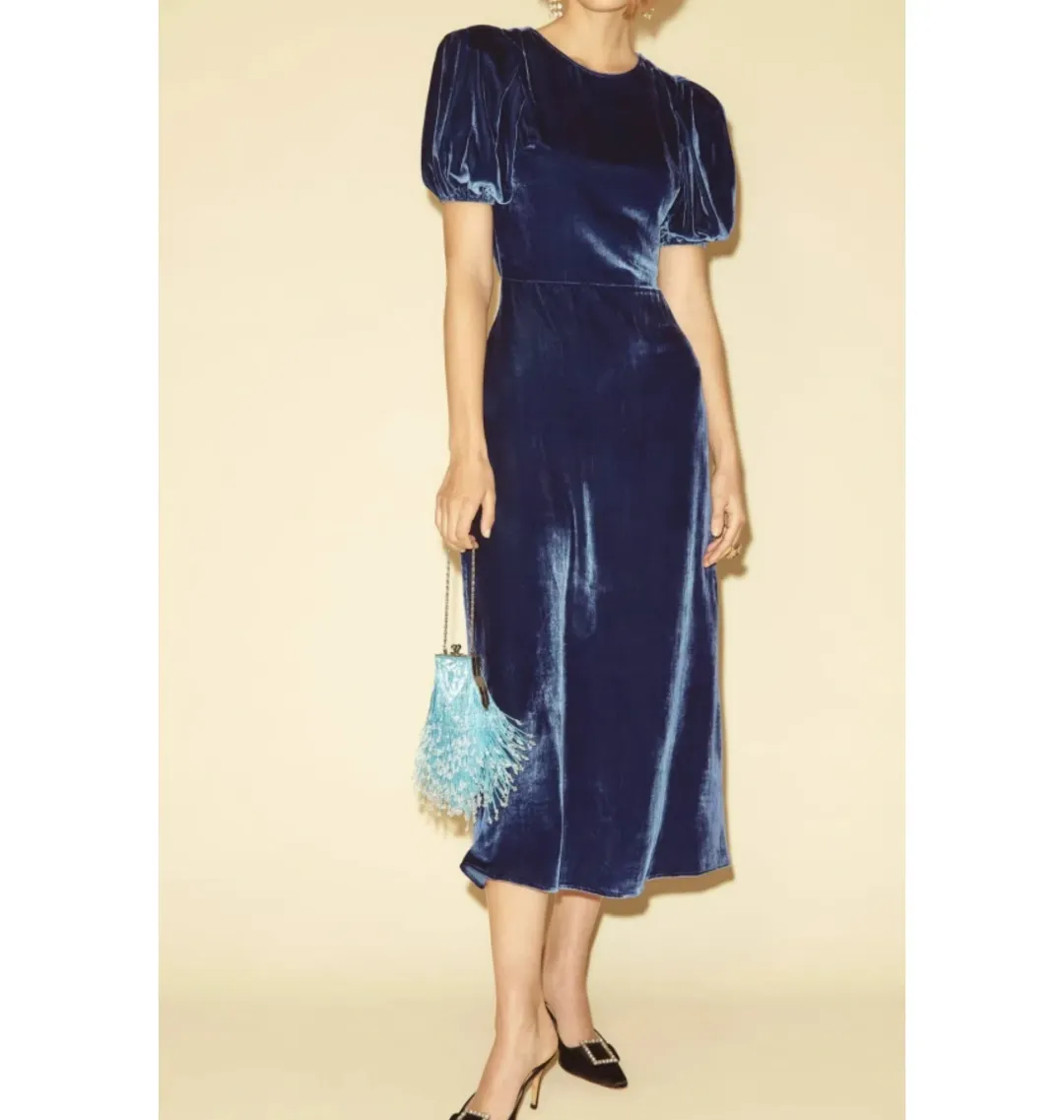 Reformation Livia Velvet Dress Blue Size UK 10 for rent on The Volte - main image
