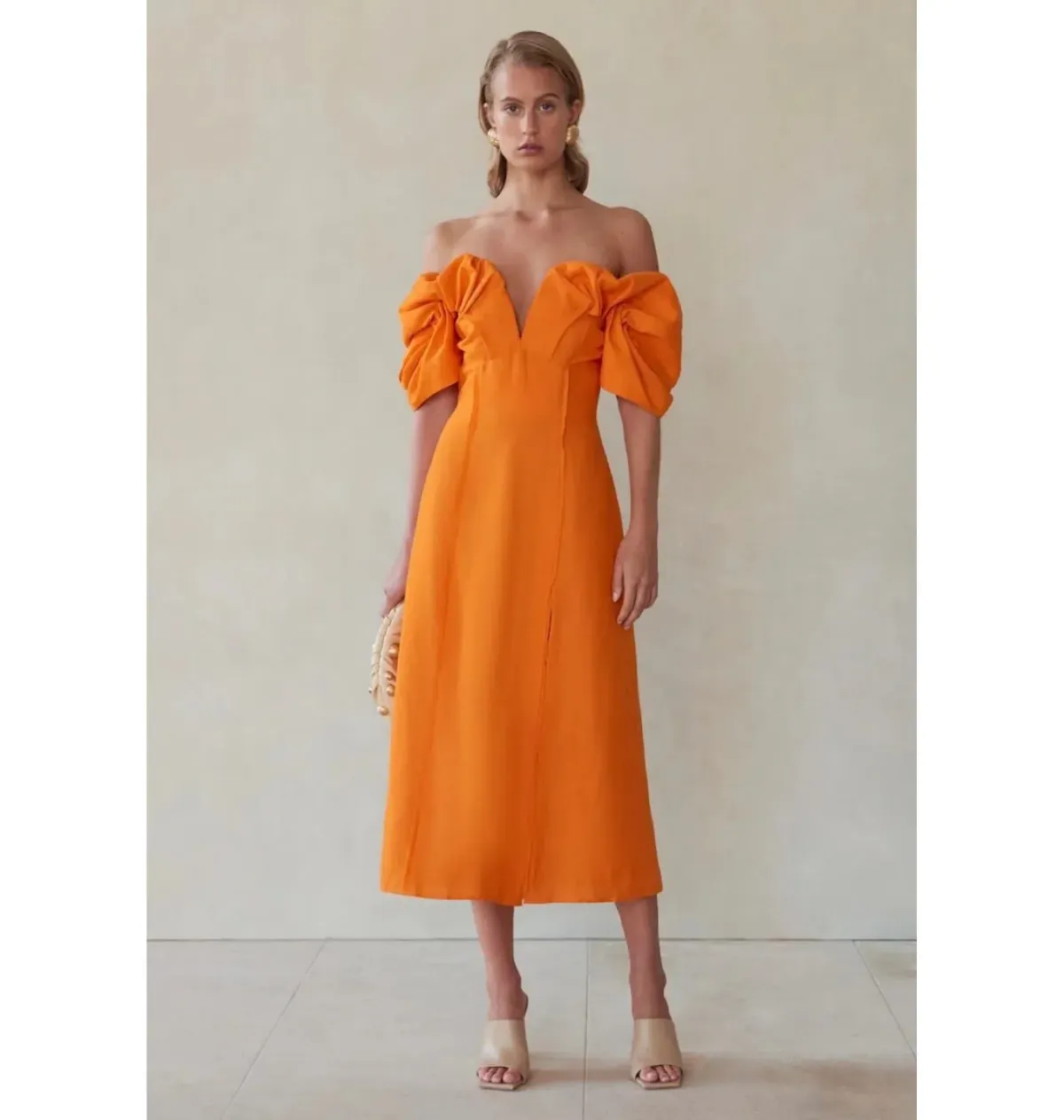 Cult Gaia Muna Off Shoulder Midi Dress Orange Size UK 12 for rent on The Volte - main image