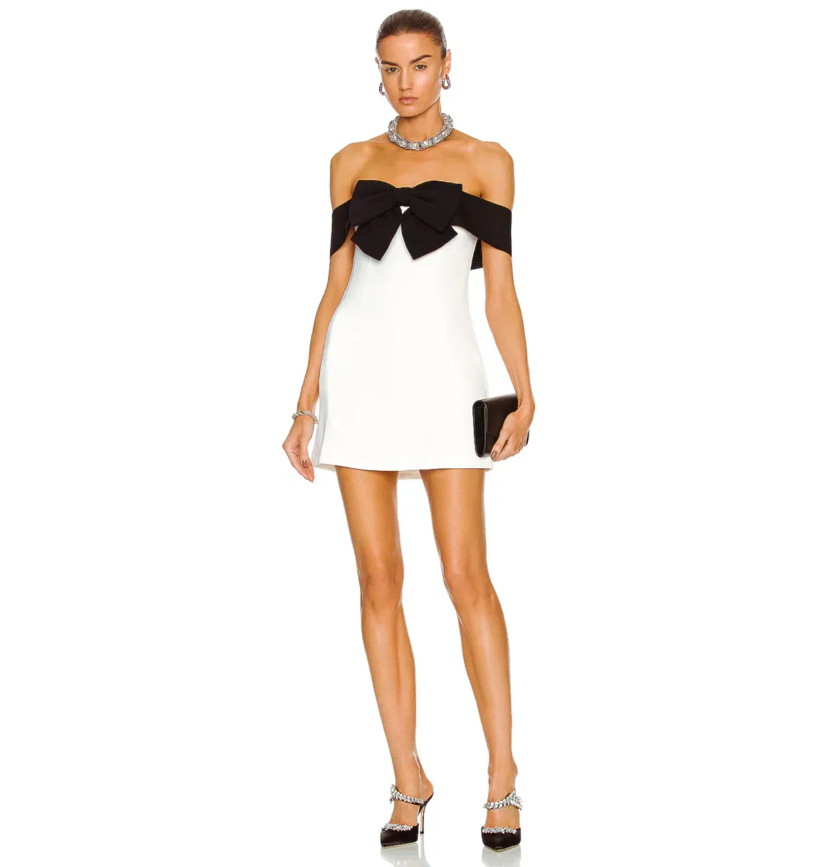 Self Portrait Off Shoulder Bow Dress in Monochrome Size UK 10 for rent on The Volte - main image