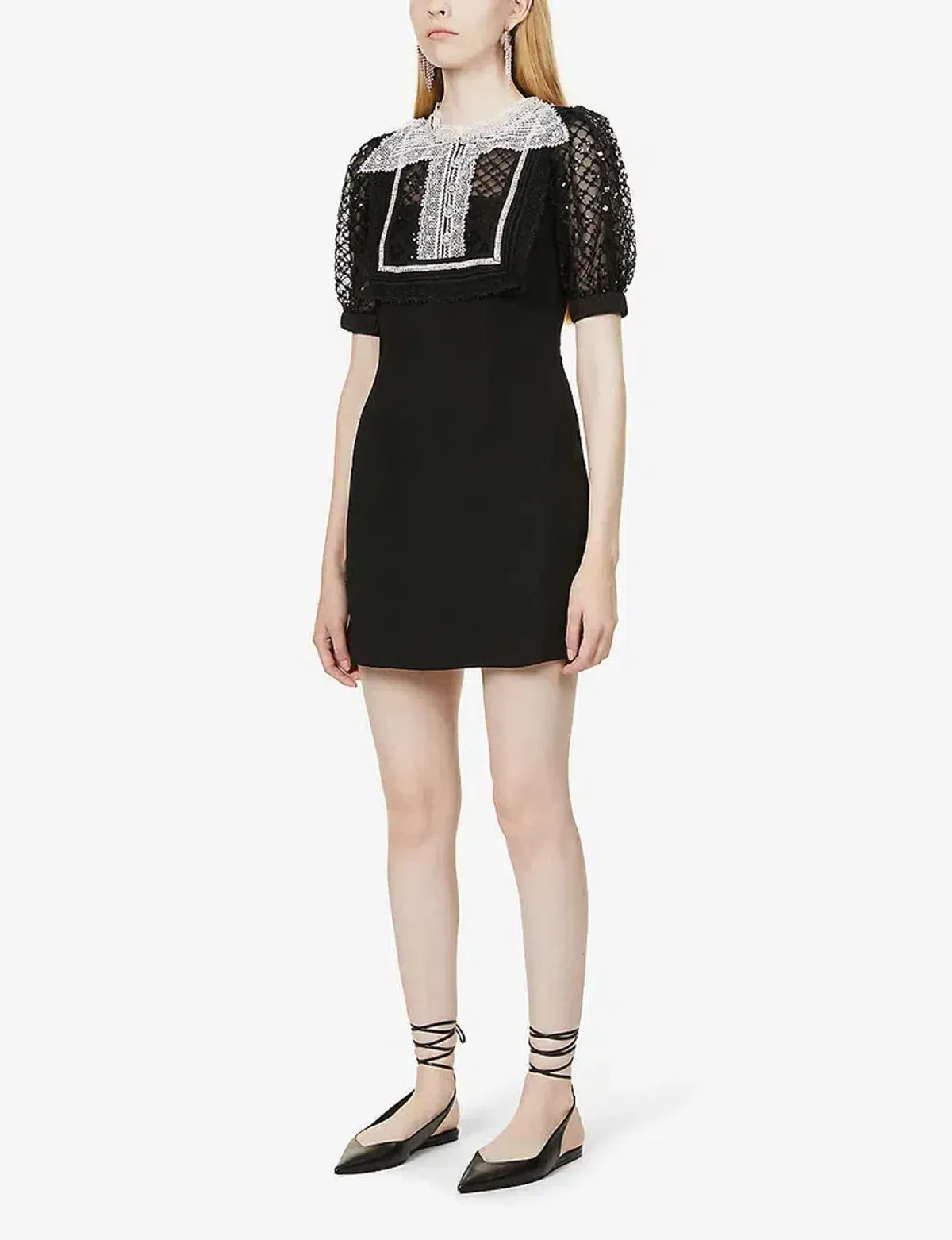 Self Portrait Diamante Bib Front Collared Mini Dress Black Size UK 12 for rent on The Volte - main image