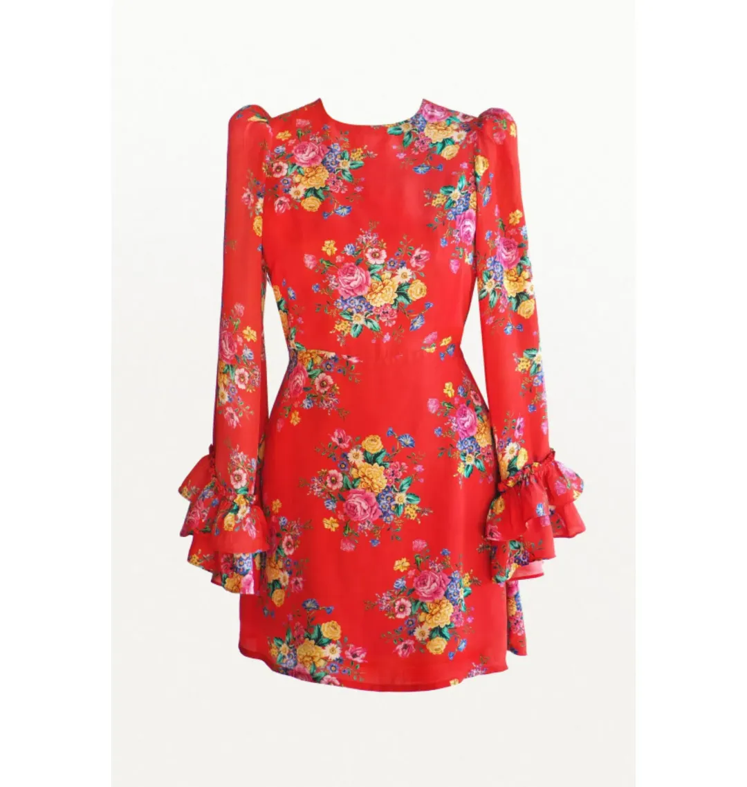 Queens Of Archive Flo Still Life Mini Dress Red Floral Size S / UK 8 for rent on The Volte - main image