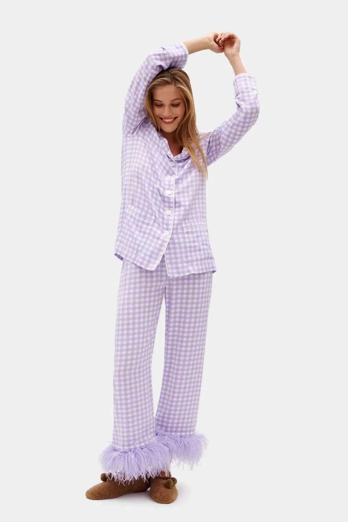 Sleeper Party Gingham Feather Cuff Pajamas Purple Size M / UK 10 for rent on The Volte - main image