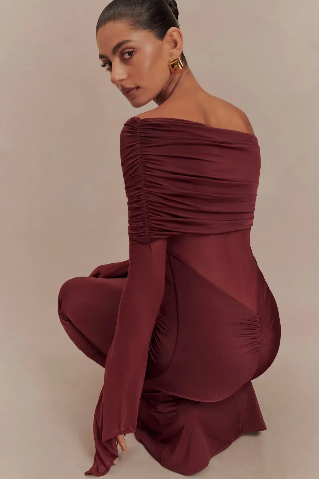 Meshki Kaitlin Slinky and Mesh Maxi Dress Burgundy Size S / UK 8 for rent on The Volte - main image