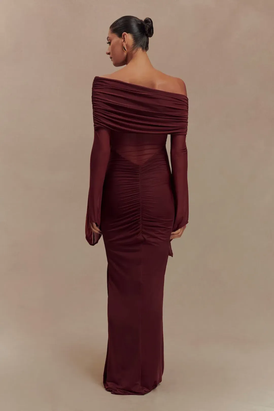 Meshki Kaitlin Slinky and Mesh Maxi Dress Burgundy Size S / UK 8 for rent on The Volte - main image