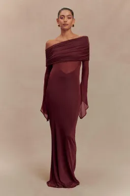 Meshki Kaitlin Slinky and Mesh Maxi Dress Burgundy Size S / UK 8 for rent on The Volte - image 1