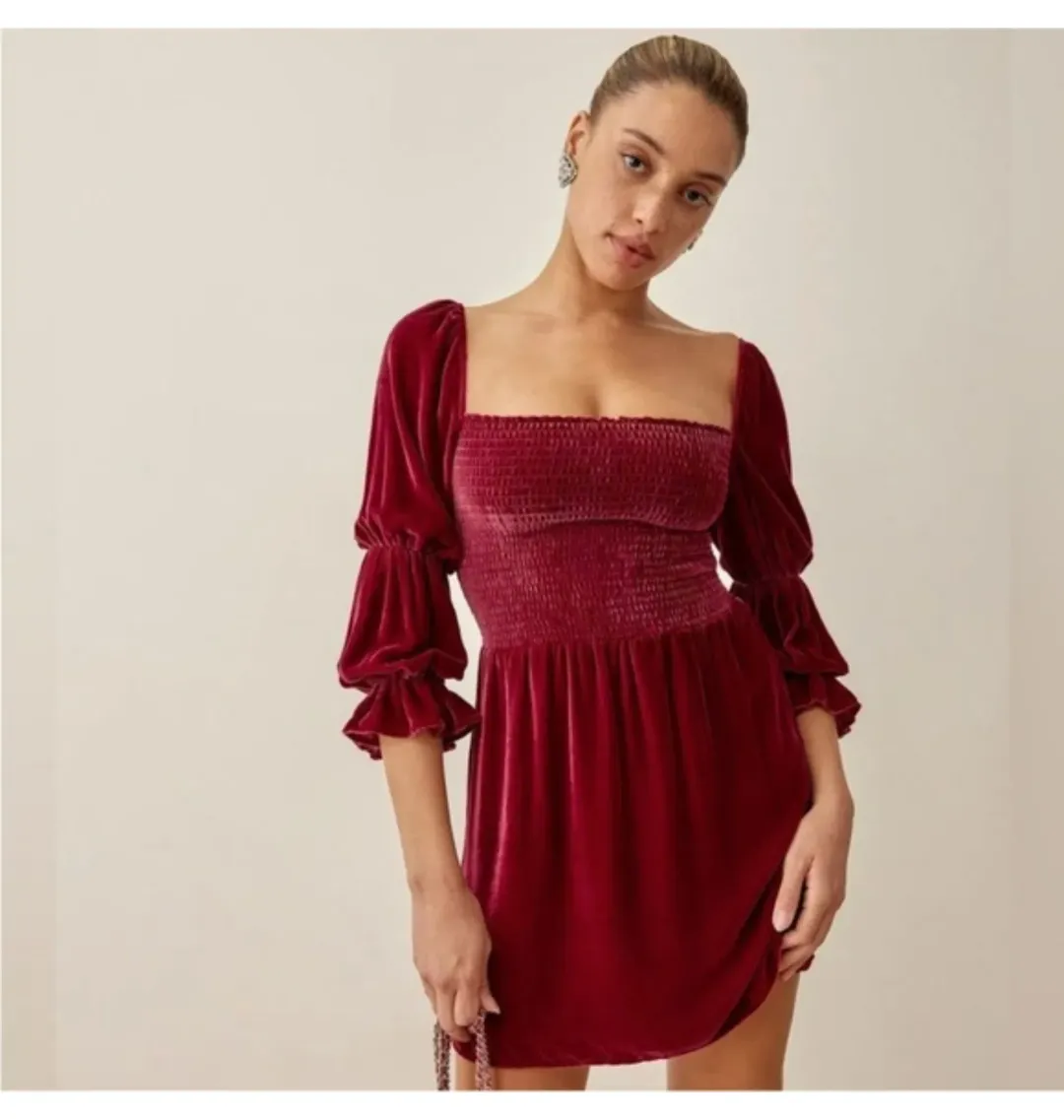 Reformation Albi Velvet Mini Dress Red Size UK 10 for rent on The Volte - main image