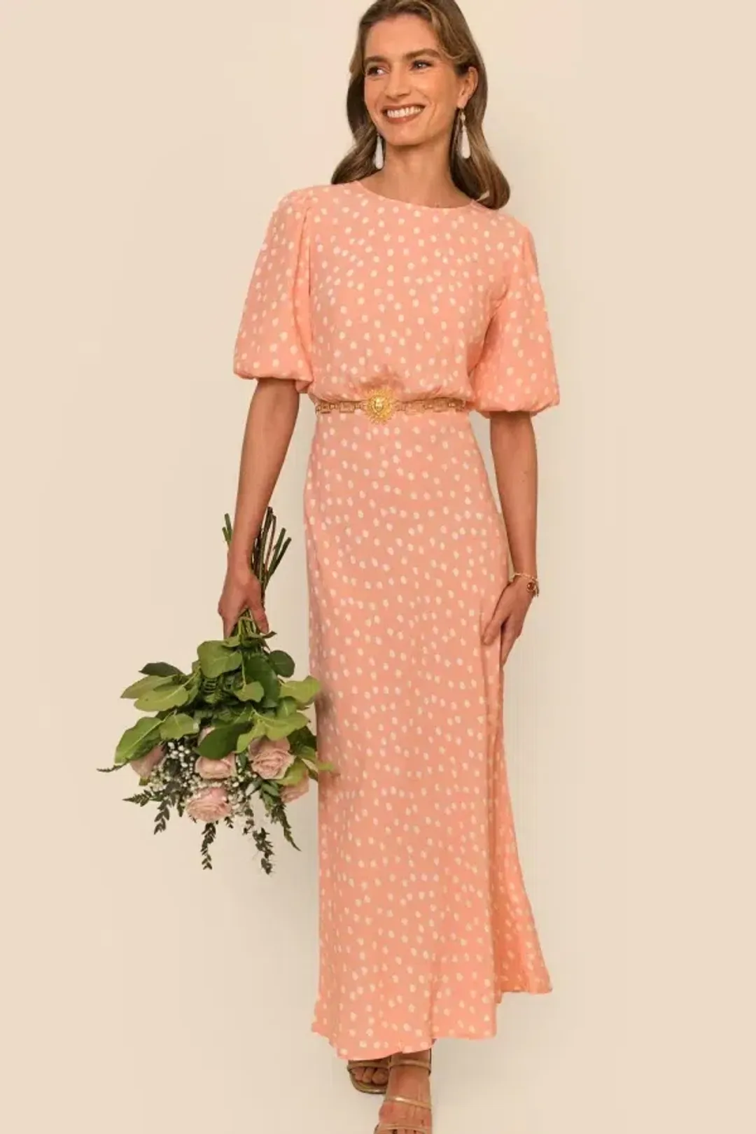 Rixo Flavia Midi Dress Salmon Pink Size UK 10 for rent on The Volte - main image