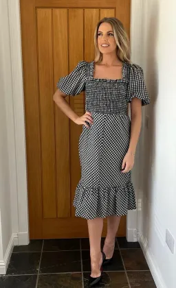 Ganni Gingham Smocked Midi Dress Black & White Size UK 18 for rent on The Volte - image 1