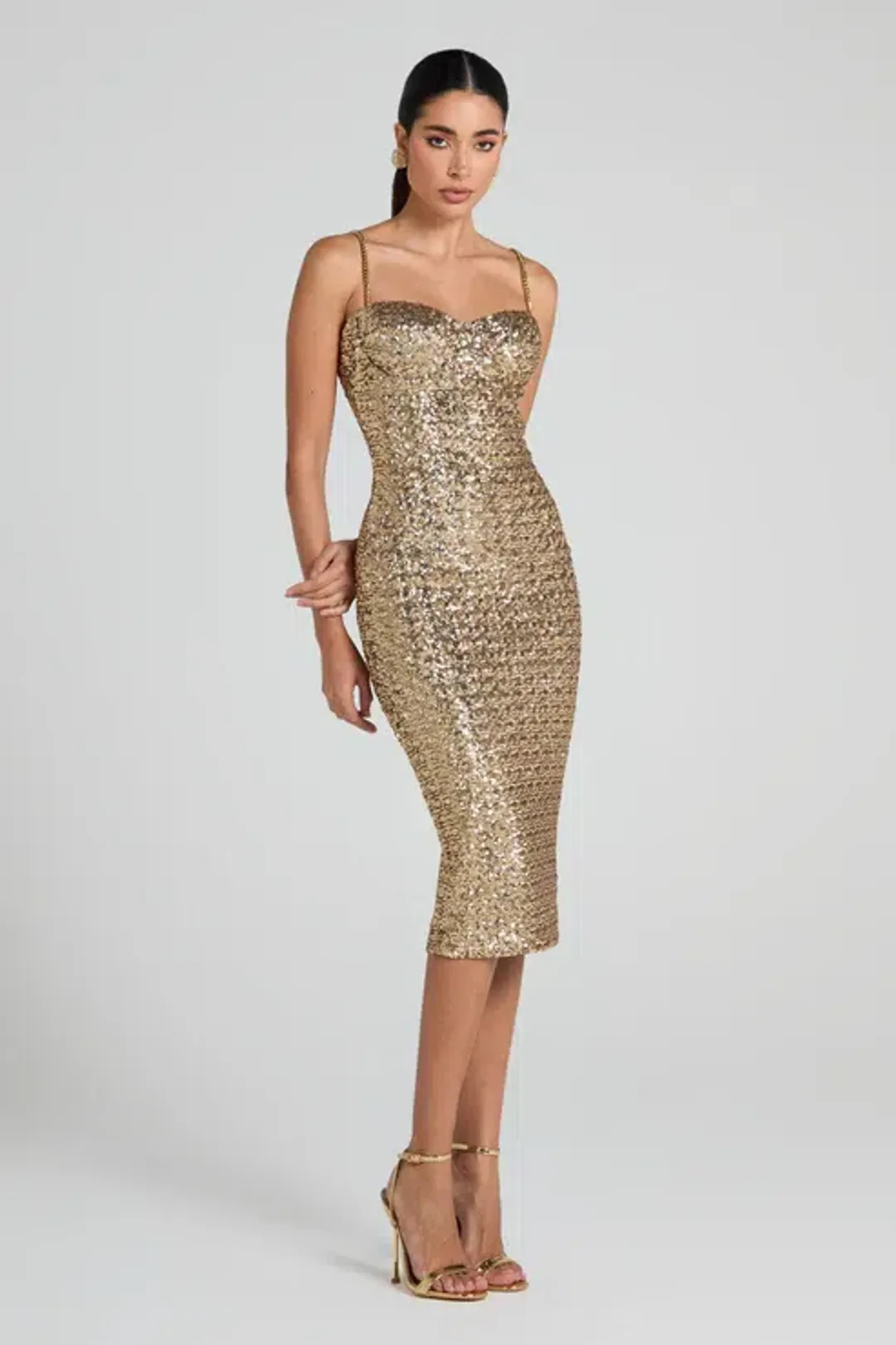 Nadine Merabi Nina Gold Midi Dress Size UK 12 for rent on The Volte - main image