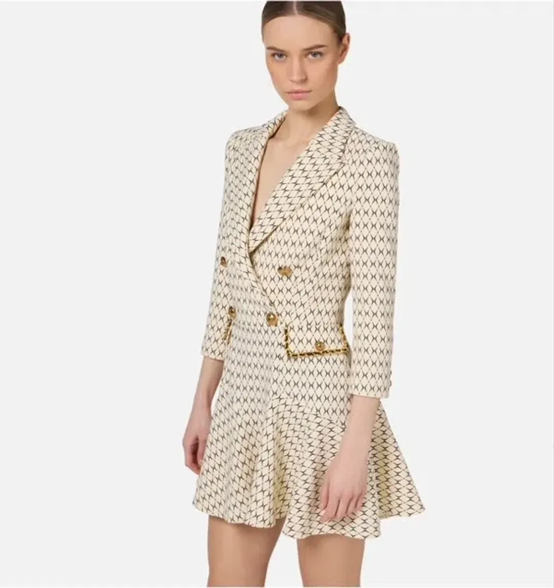 Elisabetta Franchi Cream Mini Coat Dress Trimmed With Gold Chain and Leather Size UK 10 for rent on The Volte - main image
