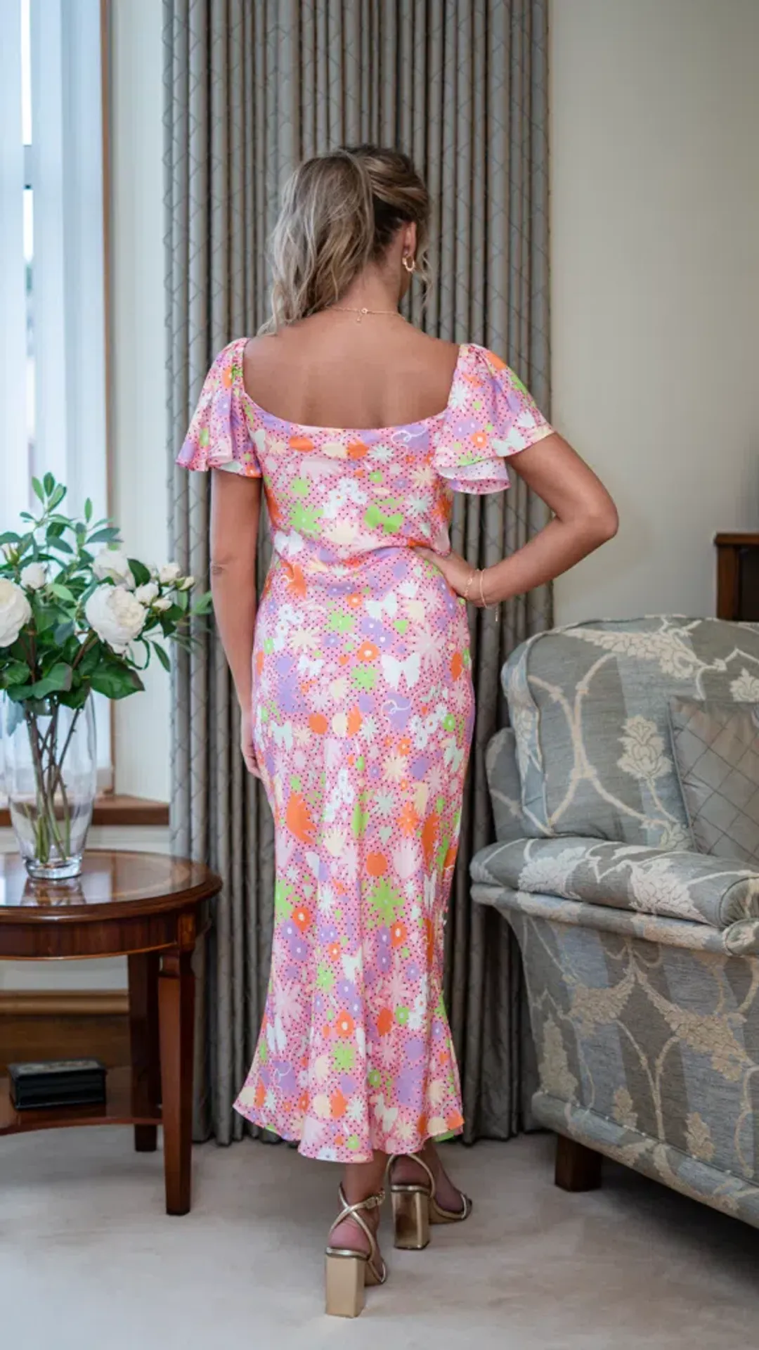 Olivia Rubin Amelia Midi Dress Floral Pink UK Size 10 for rent on The Volte - main image