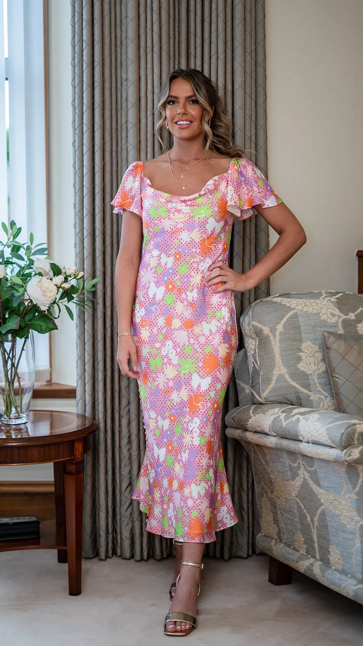 Olivia Rubin Amelia Midi Dress Floral Pink UK Size 12 for rent on The Volte - main image