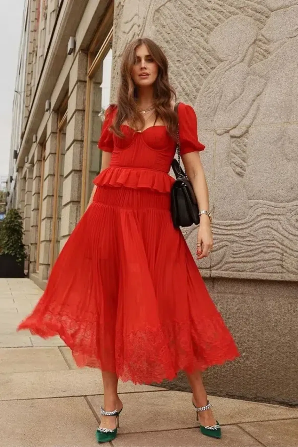 Self Portrait Red Chiffon Pleated Midi Dress Size 10 - Image 1