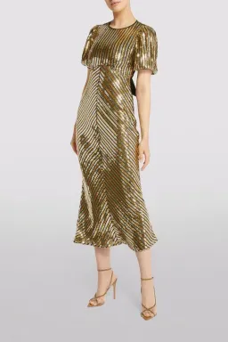 Rixo Daisy Sequin Midi Dress Gold Size UK 10 for rent on The Volte - image 1