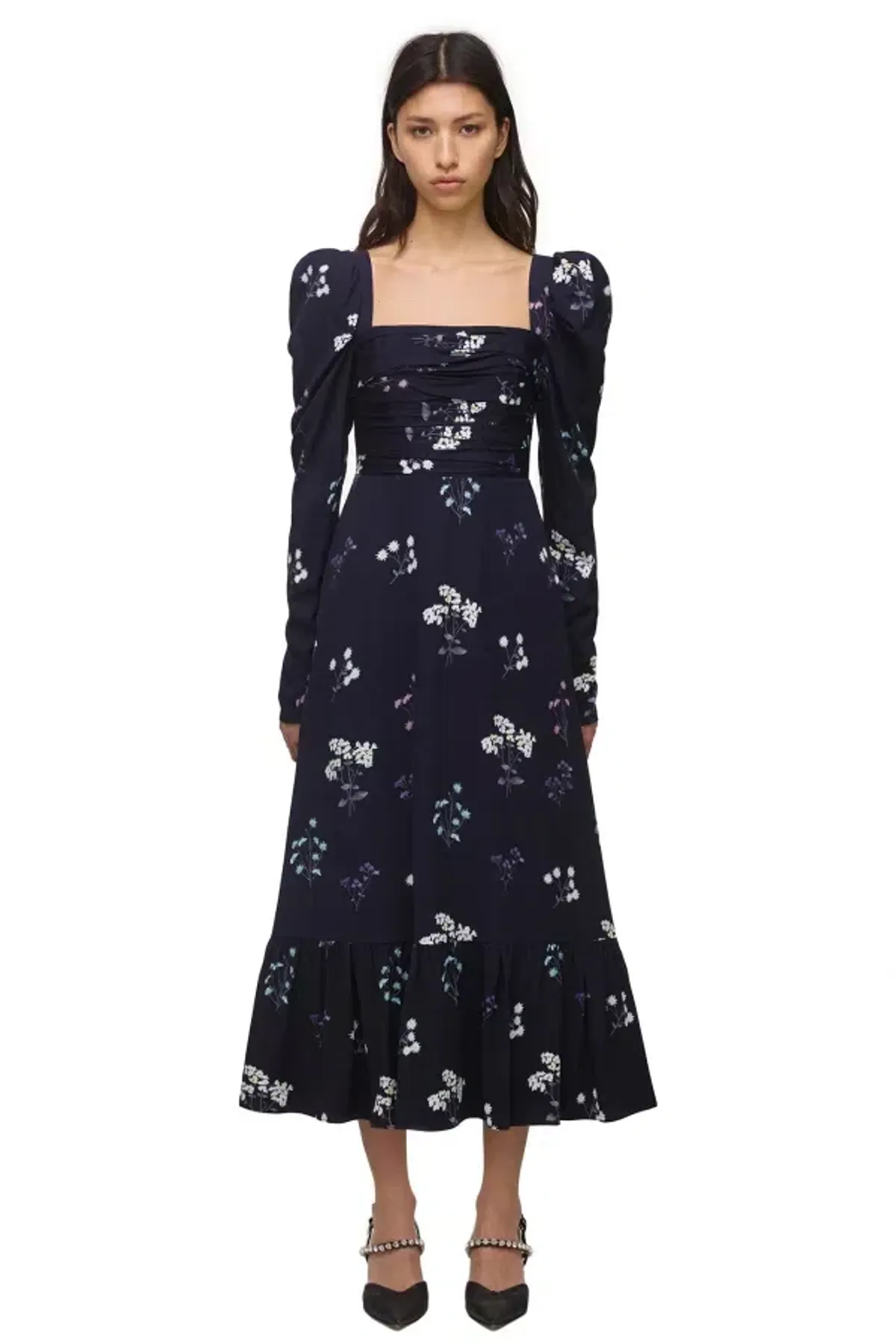 Self Portrait Navy Vintage Floral Midi Dress Size 10 for rent on The Volte - main image