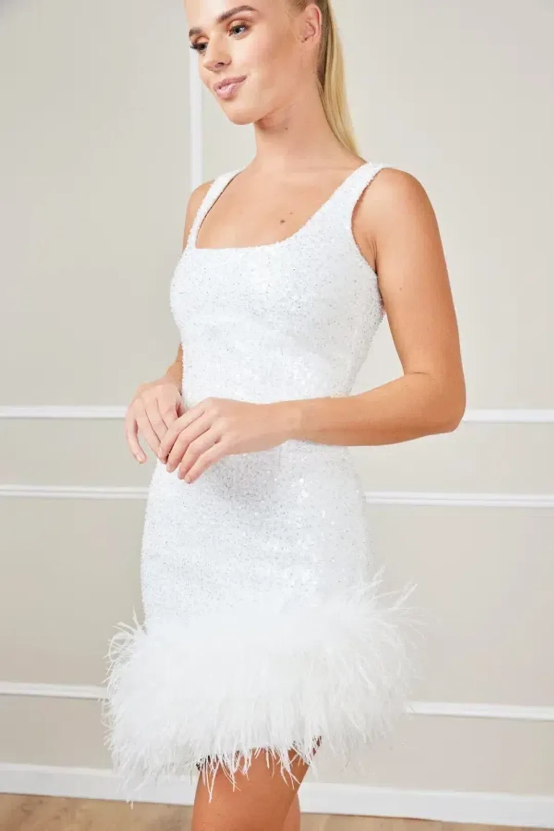 Nadine Merabi Evie Sequin Feather Dress Size 8 for rent on The Volte - main image