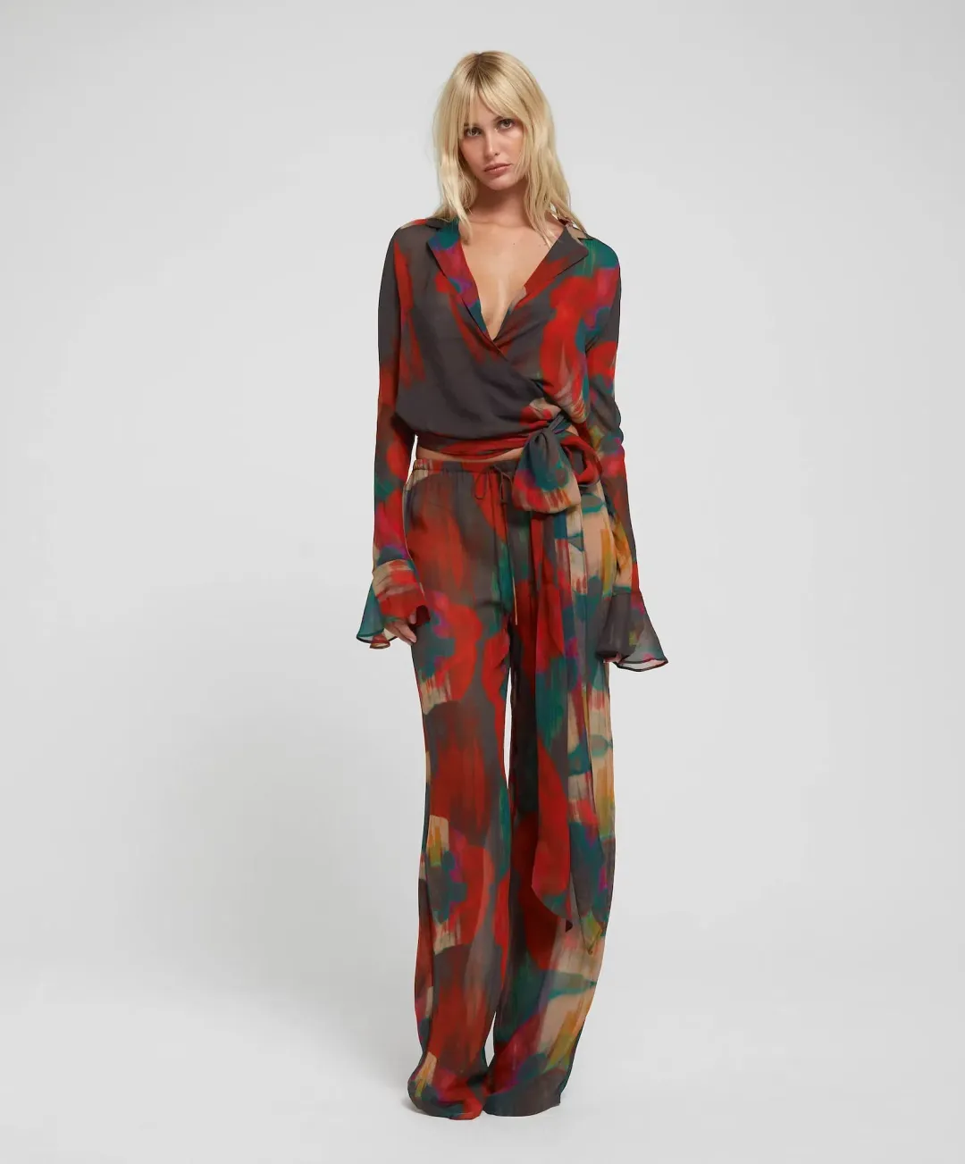 Rat & Boa Gemini Blouse Size M/UK10 and Roma Trousers Size L/UK12 Set Abstract Poppy Print for rent on The Volte - main image