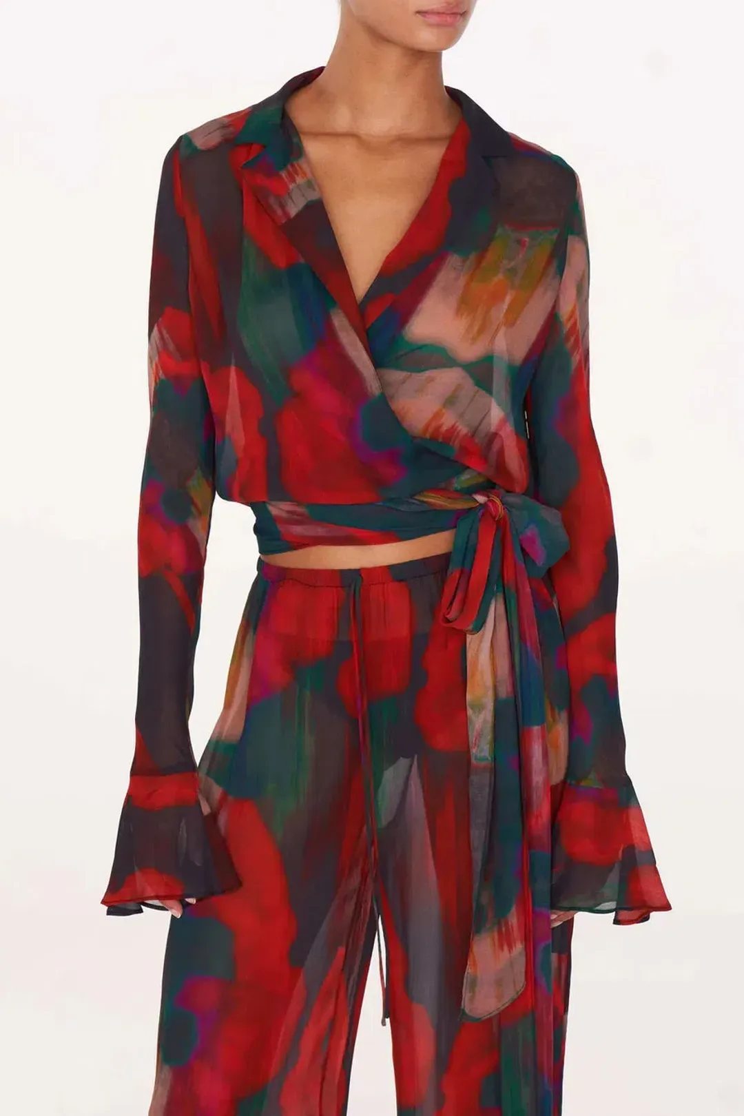 Rat & Boa Gemini Blouse Size M/UK10 and Roma Trousers Size L/UK12 Set Abstract Poppy Print for rent on The Volte - main image