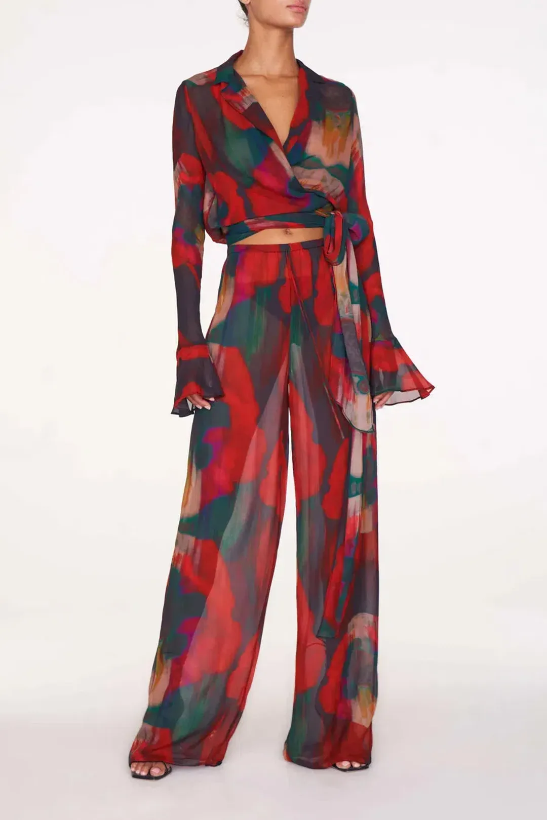 Rat & Boa Gemini Blouse Size M/UK10 and Roma Trousers Size L/UK12 Set Abstract Poppy Print for rent on The Volte - main image