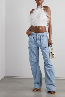 Cult Gaia Joey Open back Feather Embellished Crepe Top White Size UK 12 for rent on The Volte - image 1