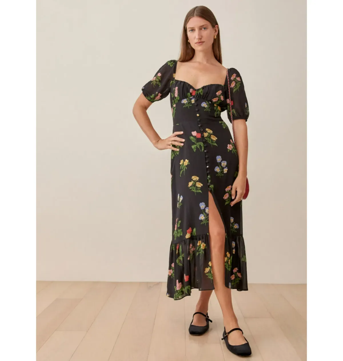 Reformation Charlee Dress Black Floral Size UK 12 for rent on The Volte - main image