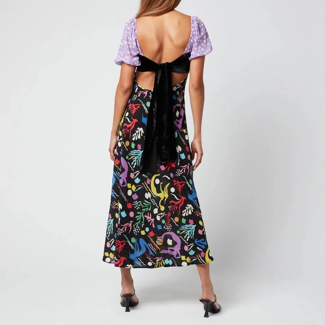Rixo Anastasia Backless Midi Dress Sea Life Black Multi Size M / UK 12 for rent on The Volte - main image