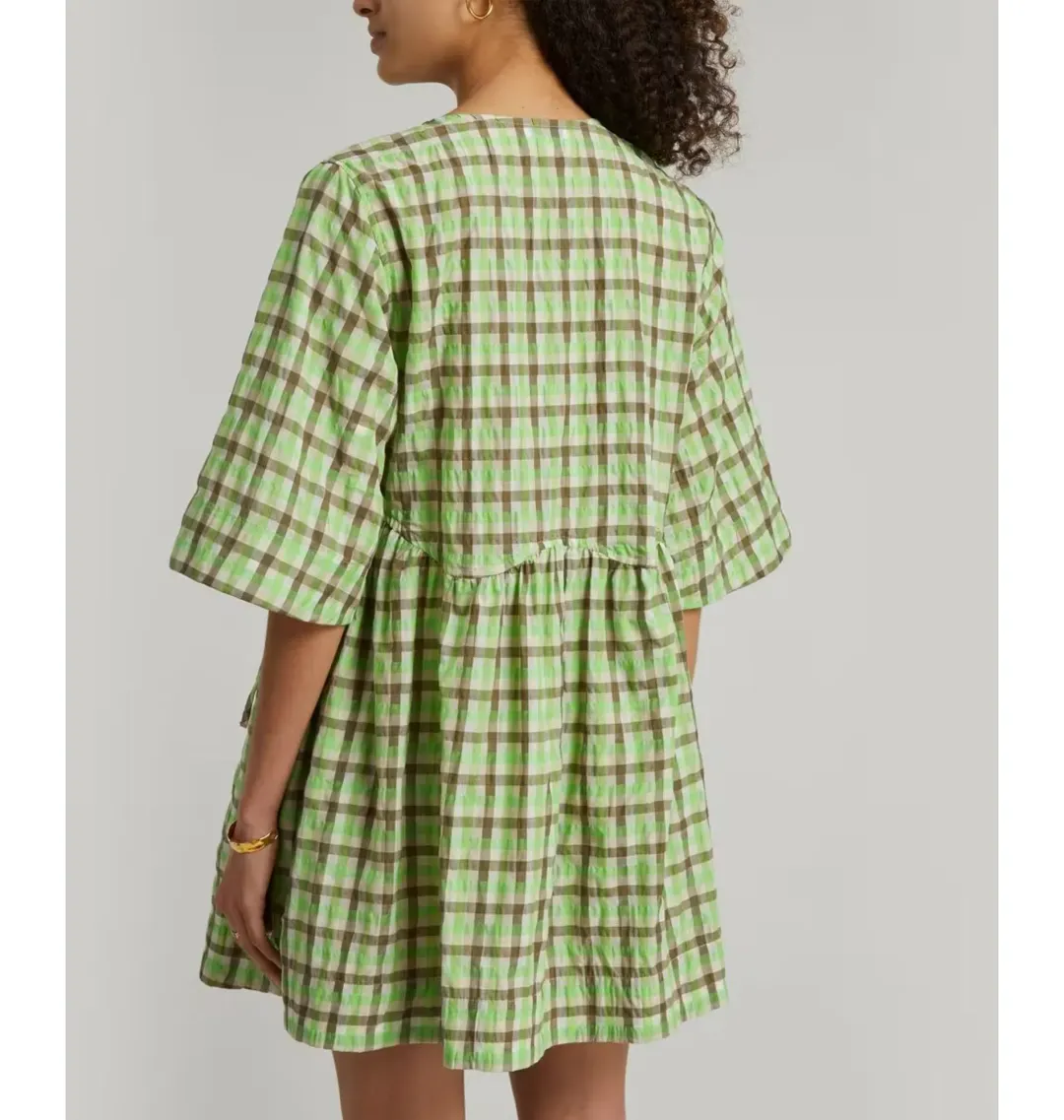 Ganni Seersucker Check Wrap Dress Green Size UK 8 for rent on The Volte - main image