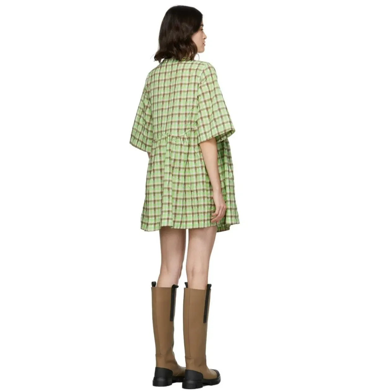 Ganni Seersucker Check Wrap Dress Green Size UK 8 - Image 2