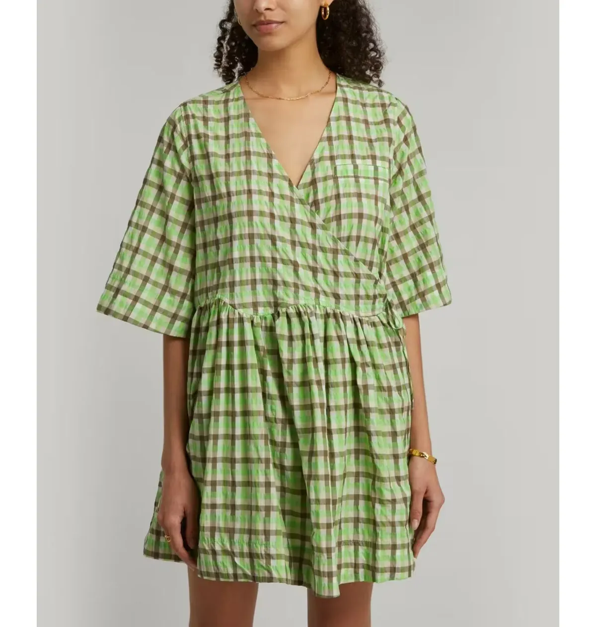 Ganni Seersucker Check Wrap Dress Green Size UK 8 - Image 3