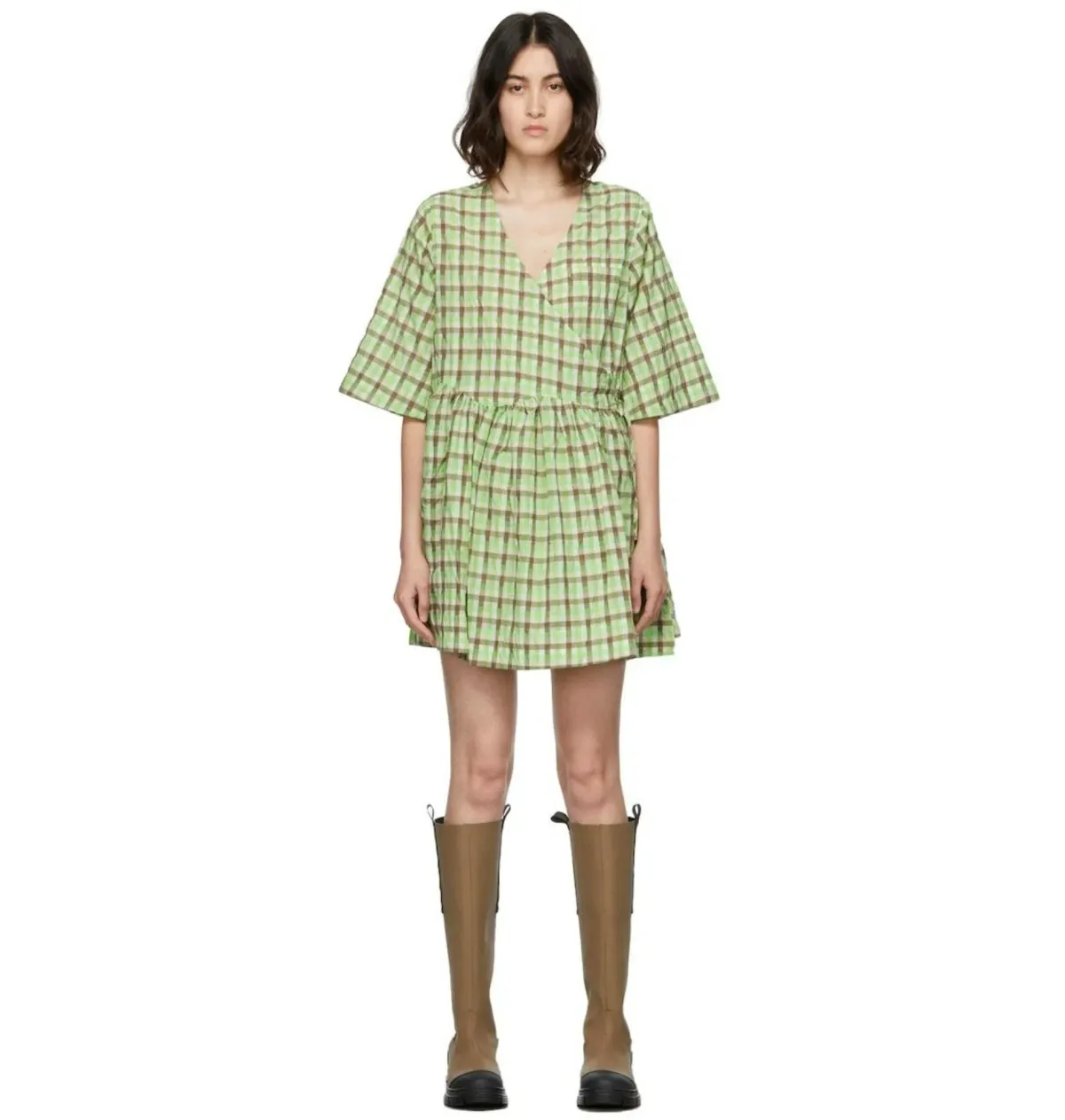 Ganni Seersucker Check Wrap Dress Green Size UK 8 for rent on The Volte - main image