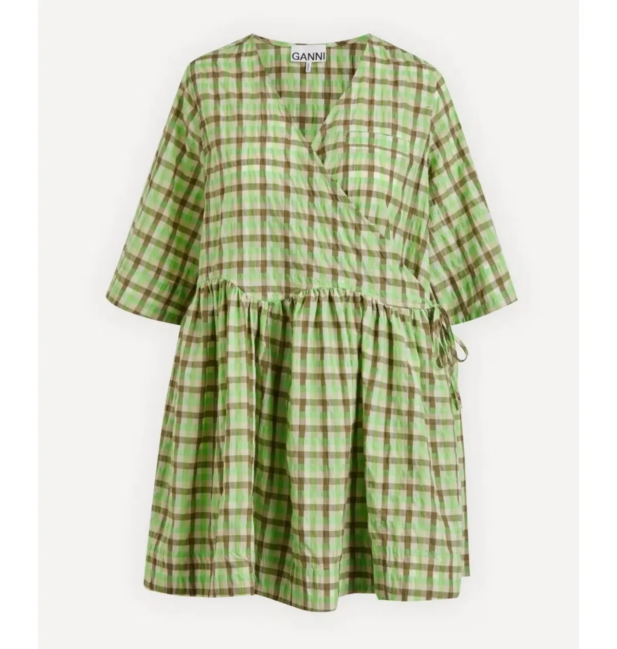 Ganni Seersucker Check Wrap Dress Green Size UK 8 - Image 5
