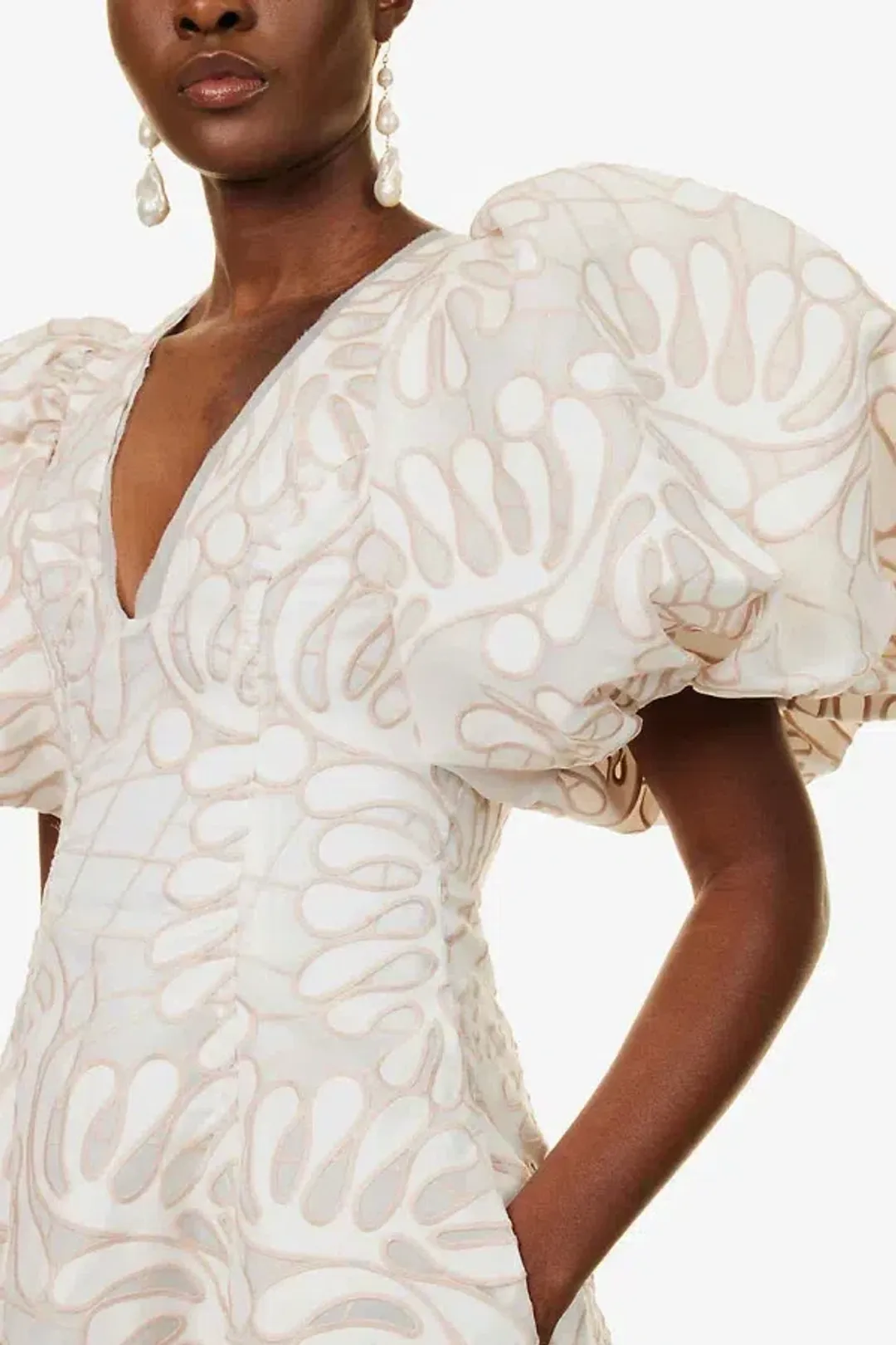 Aje Botanical Applique Puff Sleeve Midi Dress Ivory/Ecru Size UK 10 for rent on The Volte - main image